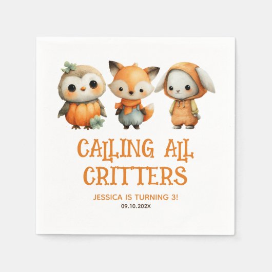 Whimsical Woodland Animals Fall Kids' Birthday スタンダードカクテルナプキン (正面)