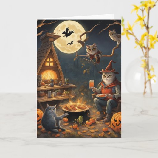 Whimsical woodland animals Halloween camping party カード (黄色い花)