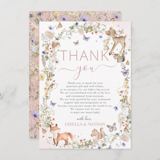 Whimsical Woodland Animals Wildflower Baby Shower サンキューカード (正面/裏面)