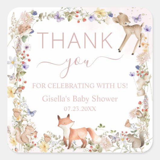Whimsical Woodland Animals Wildflower Baby Shower  スクエアシール (正面)