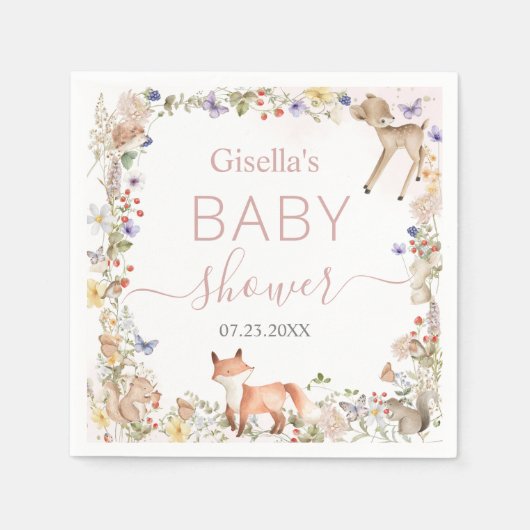 Whimsical Woodland Animals Wildflower Baby Shower スタンダードカクテルナプキン (正面)