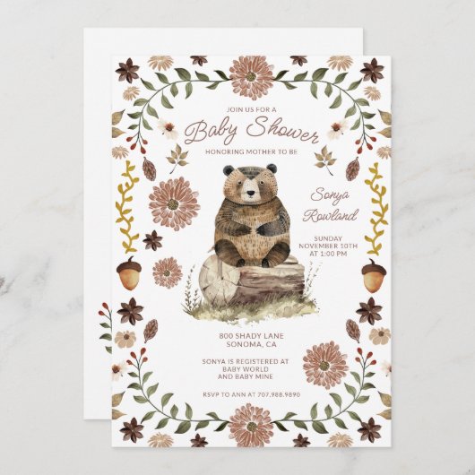 Whimsical Woodland Bear Baby Shower 招待状 (正面/裏面)