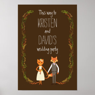 Whimsical Woodland Cat & Fox Couple Wedding Sign ポスター