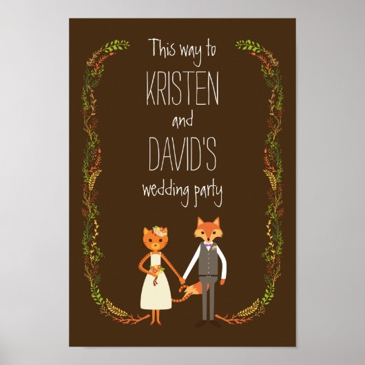 Whimsical Woodland Cat & Fox Couple Wedding Sign ポスター (正面)