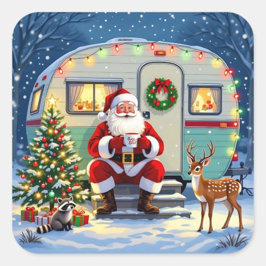 Whimsical Woodland Christmas and Retro RV Camper スクエアシール (正面)