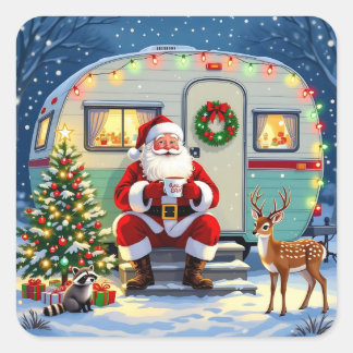Whimsical Woodland Christmas and Retro RV Camper スクエアシール