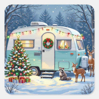 Whimsical Woodland Creatures and Retro RV Camper スクエアシール