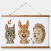 Whimsical Woodland Faces – Cute Embroidered Animal 吊り下げ型タペストリー (正面)