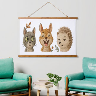 Whimsical Woodland Faces – Cute Embroidered Animal 吊り下げ型タペストリー
