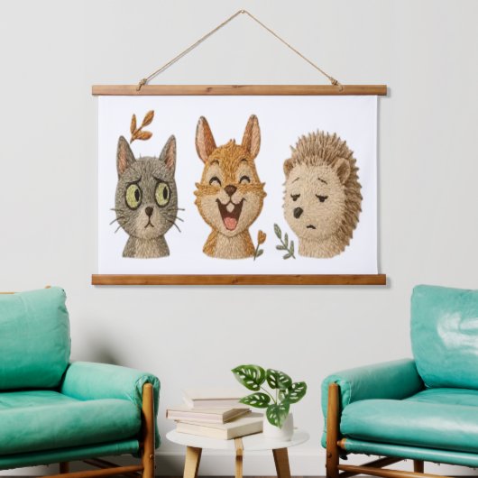 Whimsical Woodland Faces – Cute Embroidered Animal 吊り下げ型タペストリー (リビング)