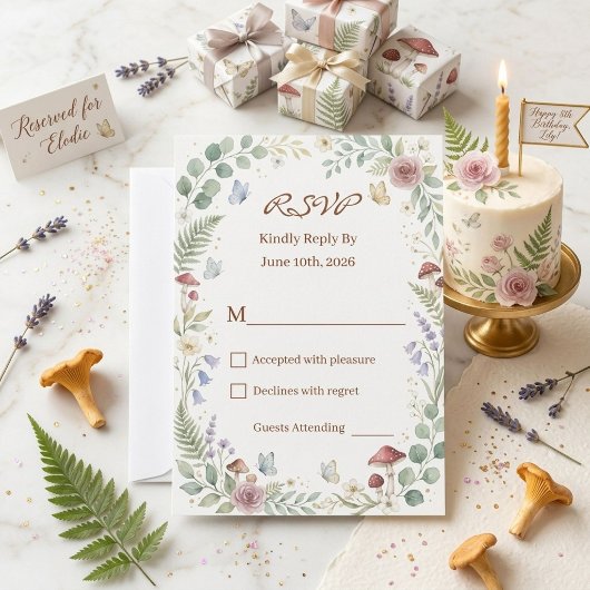 Whimsical Woodland Fairy Watercolor 5th Birthday 出欠カード