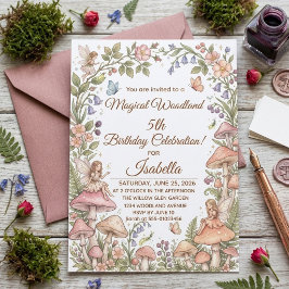 Whimsical Woodland Fairy Watercolor 5th Birthday 招待状