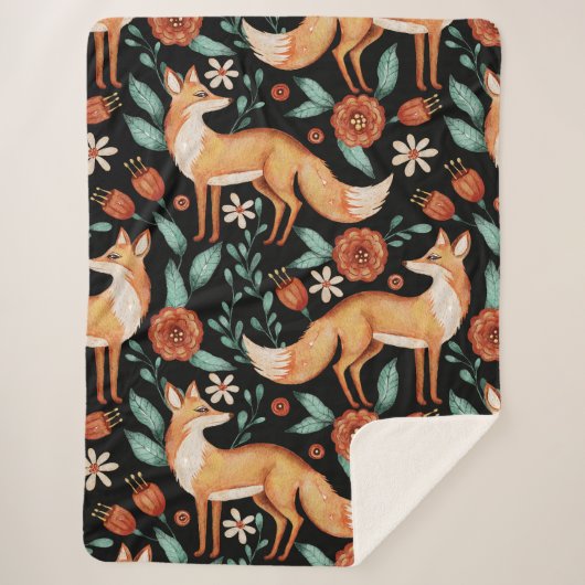 Whimsical Woodland Fox & Floral Pattern シェルパブランケット (正面)