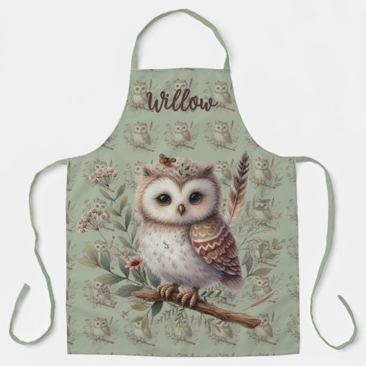 Whimsical Woodland Owl Botanical Illustration エプロン (正面)