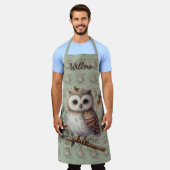 Whimsical Woodland Owl Botanical Illustration エプロン (着用した状態)