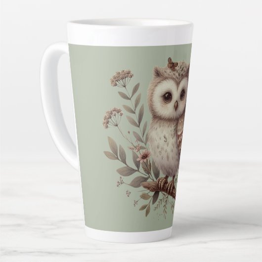Whimsical Woodland Owl Botanical Illustration カフェラテマグ (左アングル)