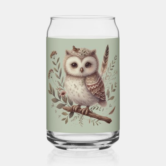 Whimsical Woodland Owl Botanical Illustration ガラス缶 (正面)