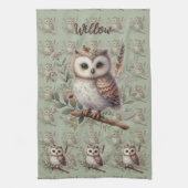 Whimsical Woodland Owl Botanical Illustration キッチンタオル (縦)