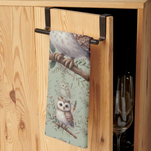 Whimsical Woodland Owl Botanical Illustration キッチンタオル (三つ折り)