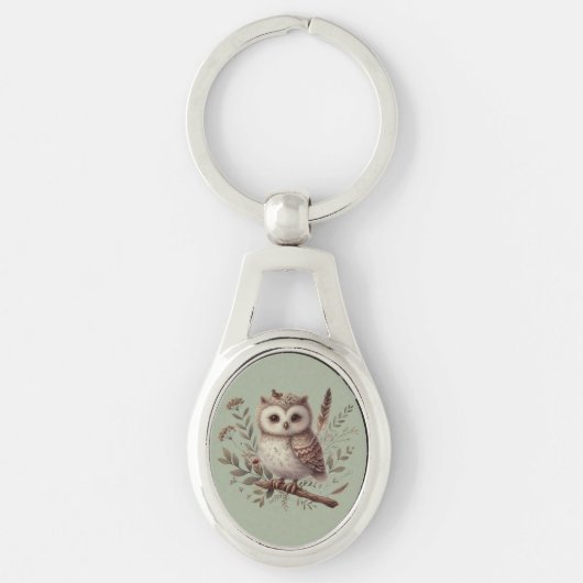 Whimsical Woodland Owl Botanical Illustration キーホルダー (正面)