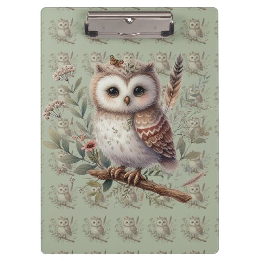 Whimsical Woodland Owl Botanical Illustration クリップボード (正面)