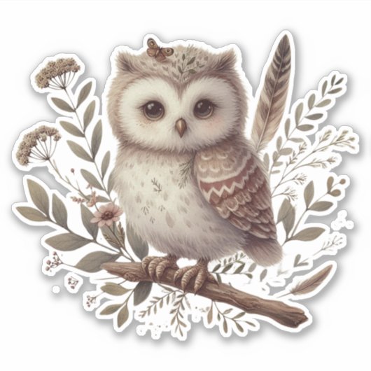 Whimsical Woodland Owl Botanical Illustration シール (正面)