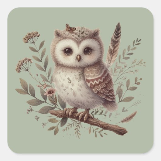 Whimsical Woodland Owl Botanical Illustration スクエアシール (正面)
