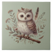 Whimsical Woodland Owl Botanical Illustration タイル (正面)