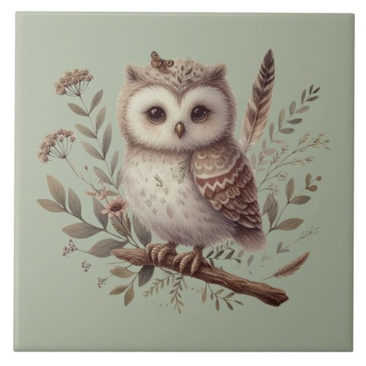Whimsical Woodland Owl Botanical Illustration タイル (正面)