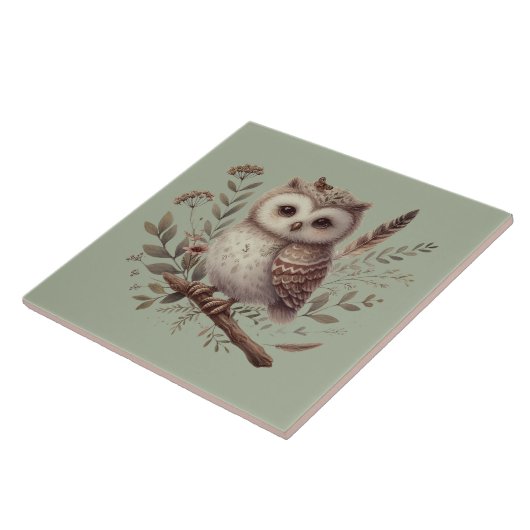 Whimsical Woodland Owl Botanical Illustration タイル (側面)