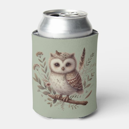 Whimsical Woodland Owl Botanical Illustration 缶クーラー (缶正面)