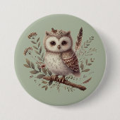 Whimsical Woodland Owl Botanical Illustration 缶バッジ (正面)