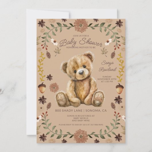 Whimsical Woodland Teddy Bear Baby Shower 招待状 (正面)