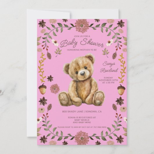 Whimsical Woodland Teddy Bear Pink Baby Shower 招待状 (正面)