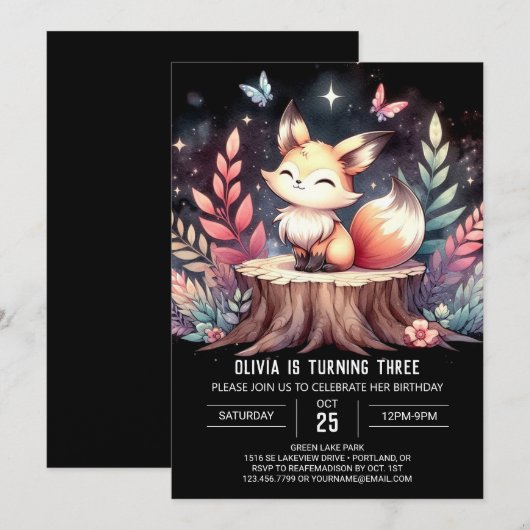 Whimsical Woods Fox Birthday 招待状 (正面/裏面)