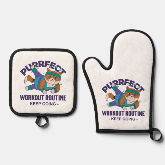 Whimsical Workout Cat 鍋つかみ&鍋敷きセット (正面)