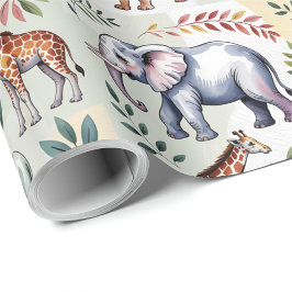 Whimsical wrapping paper featuring elephants, lion ラッピングペーパー