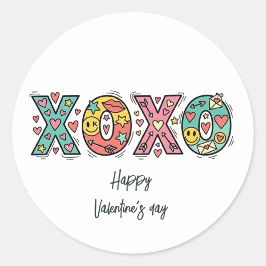Whimsical "XOXO"Hearts Happy Valentine's Day  ラウンドシール (正面)