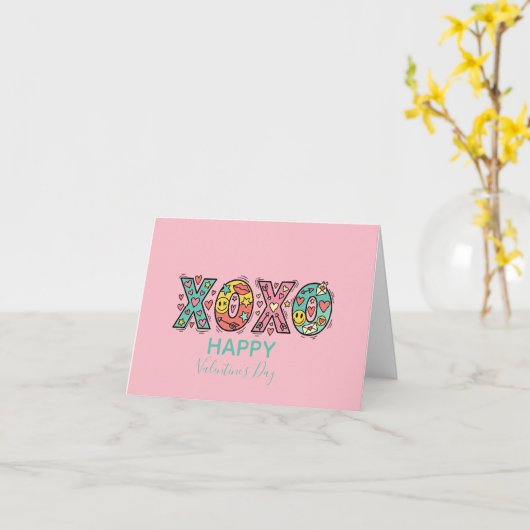 Whimsical "XOXO"Hearts Happy Valentine's Day Pink カード (黄色い花)