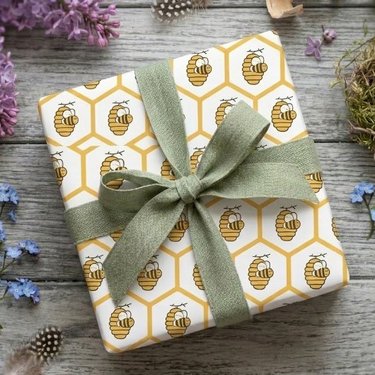 Whimsical Yellow Beehive and Bumblebee Pattern ラッピングペーパー