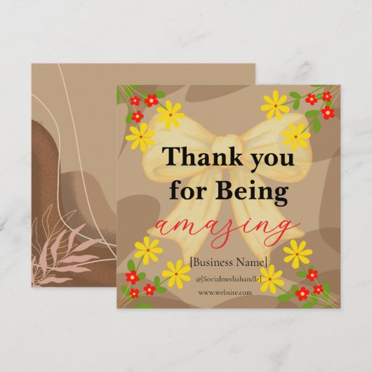 Whimsical Yellow Bow & Red Floral Thank You Card サンキューカード (正面/裏面)