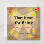 Whimsical Yellow Bow & Red Floral Thank You Card サンキューカード (正面)