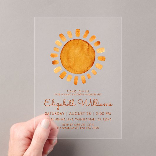 Whimsical Yellow Watercolor Sunshine Baby Shower アクリル招待状 (インサイチュ (ポータブル))