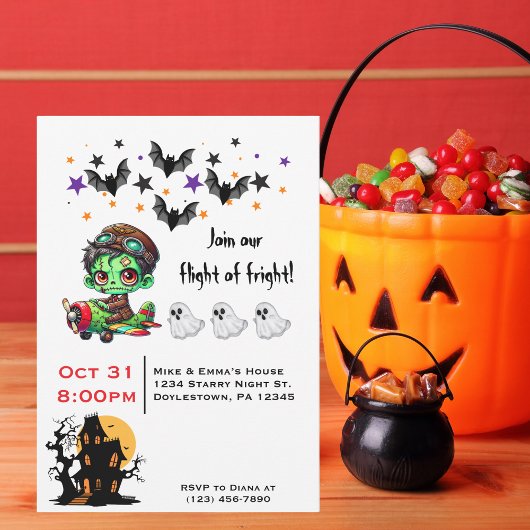 Whimsical Zombie Pilot Airplane Cute Ghosts & Bats 招待状