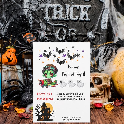 Whimsical Zombie Pilot Airplane Cute Ghosts & Bats 招待状