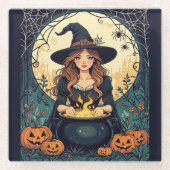 Whimsically Enchanting Witch With Spiders ガラスコースター (正面)
