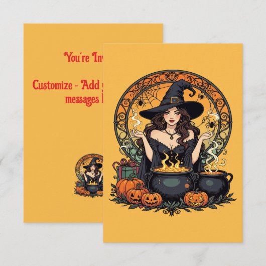 Whimsically Enchanting Witch With Spiders 招待状 (正面/裏面)
