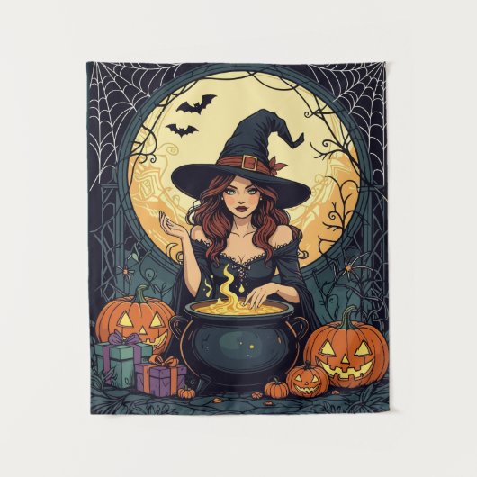 Whimsically Enchanting Witch With Spiders and Jack タペストリー (正面)