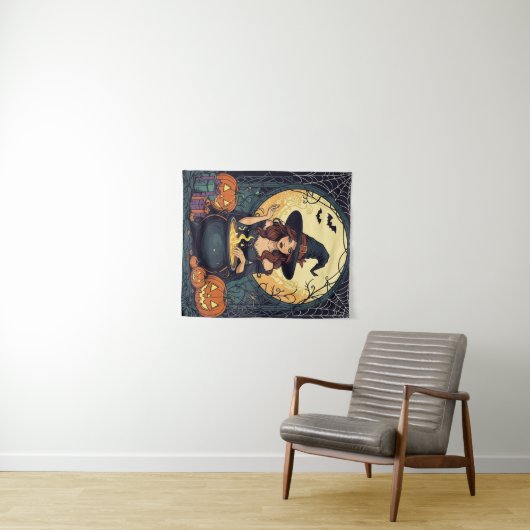 Whimsically Enchanting Witch With Spiders and Jack タペストリー (インサイチュ(横))