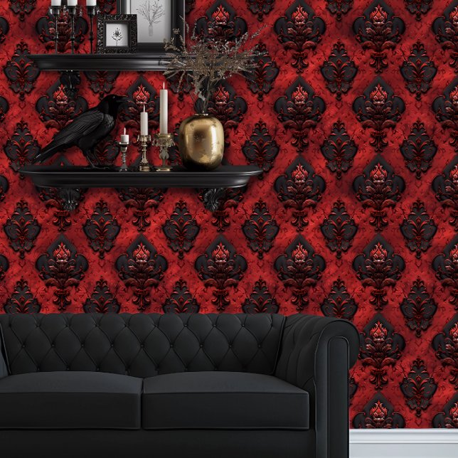Whimsigoth非常に詳細な赤と黒 壁紙 (Whimsigoth Dark Red & Black Wallpaper behind a black couch and floating goth shelves.)